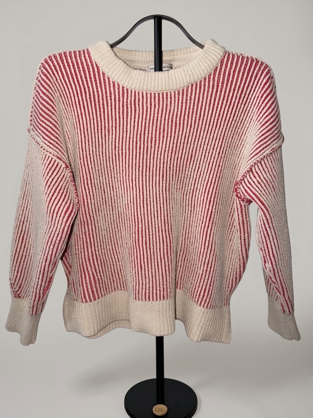 Zenana Outfitters Cream and Pink Ribbed Crewneck Sweater